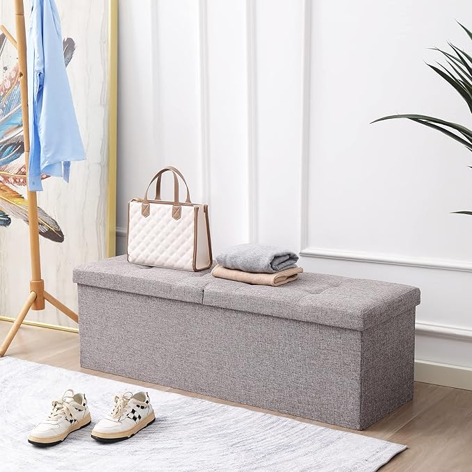 Cuyoca 45.3 Inches Foldable Seat Footrest Shoe Bench End of Bed Storage with Flipping Lid, 166L Upholstered Tufted Bench, Linen Fabric Grey-NeatNest