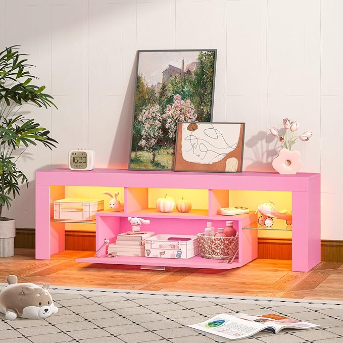 Clikuutory Modern Lighting 51 inch TV Stand with Large Storage Drawer for 32 40 50 55 Inch TVs, TV Console with 20 Color LED Lights, Entertainment Center Media and Open Shelf for Bedroom, Pink-NeatNest