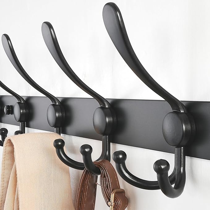 Dseap Coat Rack Wall Mount - 38” Long 10-Tri-Hooks Heavy Duty Coat Hanger Rail Wall Hooks for Hanging Coats Hats Clothing Clothes Purse Mudroom Entryway, Black, Pack of 2-NeatNest