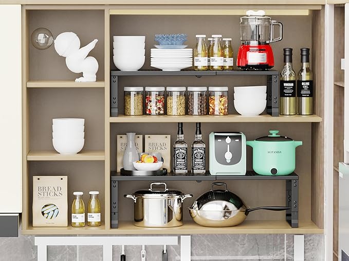 Adjustable Expanable Stackable Spice Rack Shelf Pantry Storage Organizer for Kitchen Cabinet,Countertop,Bathroom and more.Space is no longer limited(1Pack/Black/Medium)-NeatNest