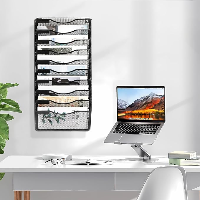 EasyPAG 10 Pocket Wall File Organizer, Black | Metal Mesh Wall Mounted File Holder | Assembly Hanging Mail Organizer | Replaceable Classify Labels | Office Home Letter Size Paper Storage