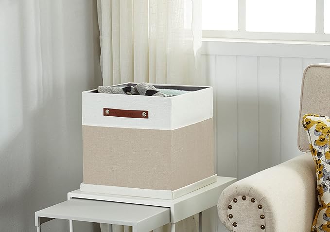 DECOMOMO Storage Basket with Lid, Storage Cubes with Handles, Fabric Box with Lid (Beige and White, 13” / 3 Pack)-NeatNest