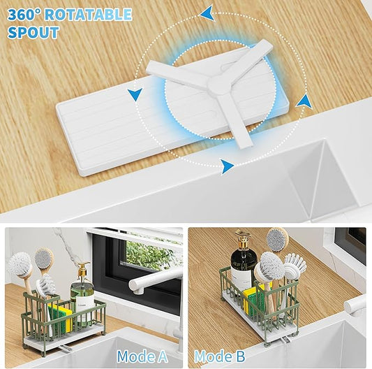 Cisily Sage Green Sponge Holder for Kitchen Sink, Sink Caddy Organizer with High Brush Holder, Kitchen Countertop Organizers and Storage Essentials, Rustproof 304 Stainless Steel, Soap Dispenser-NeatNest