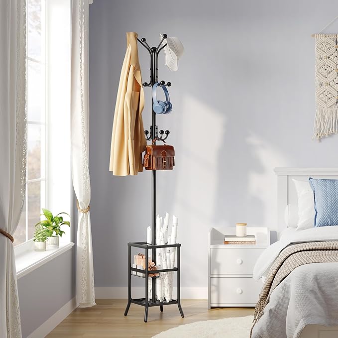 FAVOOSTY Coat Rack Freestanding,Coat Rack Stand with Umbrella Holder,Metal Coat Tree with 12 Hooks,Tree Clothes Hat for Entryway, Hallway, Bedroom, Living Room & Office -Black-NeatNest