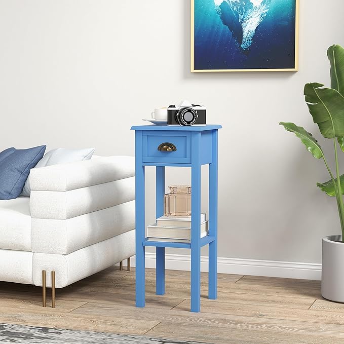 HOMCOM 2-Tier Side Table with Drawer, Narrow End Table with Bottom Shelf, for Living Room, Set of 1, Light Blue