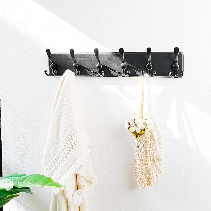 Dseap Coat Rack Wall Mounted - 24" Long 6 Tri Hooks, Heavy Duty Wooden Wall Coat Hanger Coat Hook for Clothes Hat Jacket Clothing, Black