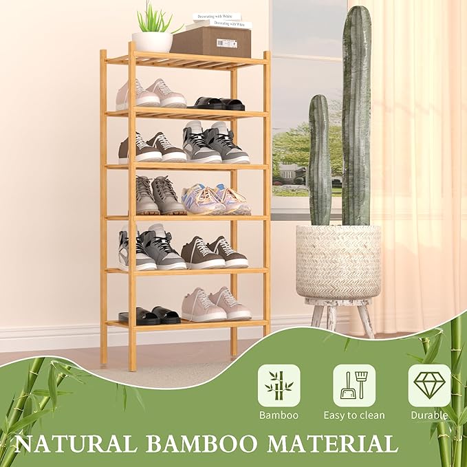 6-Tier Bamboo Small Shoe Rack, Free Standing Wood Shoe Shelf Storage Organizer for Closet Entryway Stackable (Natural)-NeatNest