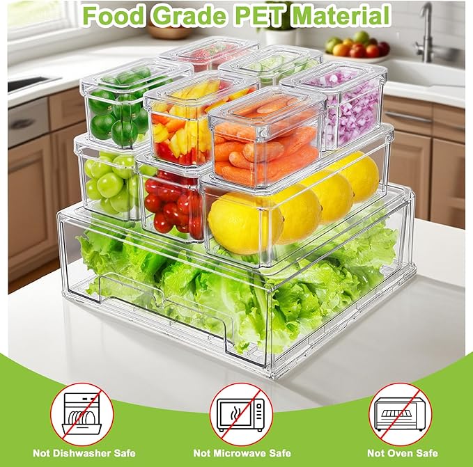 YINGRACE 10 Pack Fridge Organizer Bins, Stackable Refrigerator Organizers and Storage, With a Pull-out Large Drawer, BPA-Free Clear Containers For Fruit, Vegetable, Drinks