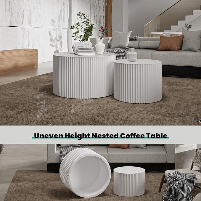 Round Wood Coffee Table Set of 2 Modern Circle Nesting Coffee Table Handcrafted Drum Nesting Table Nesting Coffee Tables for Living Room for Small Space (White (D27.56+D19.69 inch))
