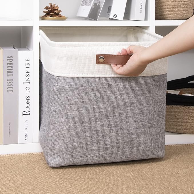 DULLEMELO Cube Basket for Storage, Collapsible Fabric Cube for Organizing, Storage Cube for Closet, Laundry, Nursery, Shelves, Decorative Basket for Gifts Empty (White&Gray)-NeatNest