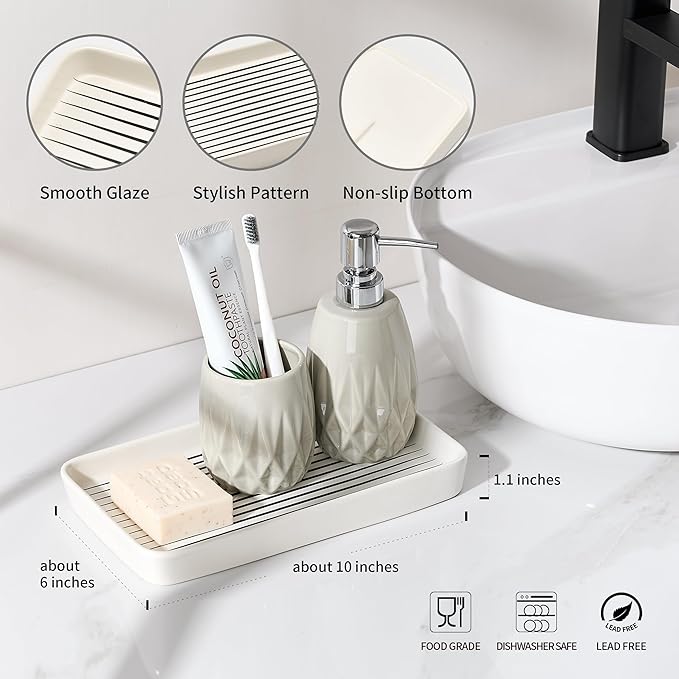 Bathroom Vanity Tray for Countertop,2PC Rectangle Striped Tray,Decorative Bathroom Organizer for Scrubber, Lotion Bottles, Perfume, Jewelry, Candle, Key Trinket Ring(Large,White)-NeatNest