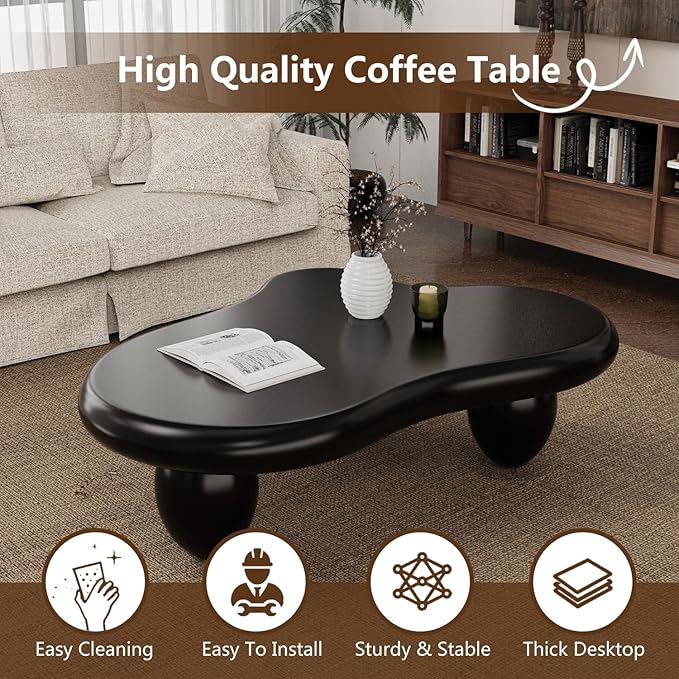 Black Cloud Shaped Coffee Table Modern Cloud Coffee Table for Living Room Irregular Cute Center Table with Thicken Round Edge and 3 Legs Low Coffee Table for Bedroom,Cloud c Black 47.2"-NeatNest