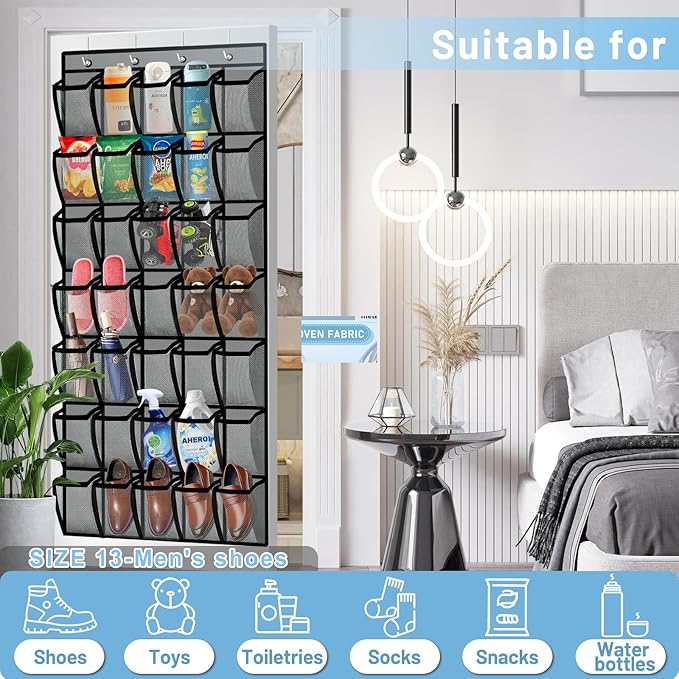 Aheroi Over the Door Shoe Organizer, 35 Pockets Mesh Shoe Organizer Door Hanger, Large Hanging Shoe Rack Holds Up to 40 lbs, Closet Shoe Behind Door Shoe Rack, Gray Durable Shoe Storage Hanging Bag