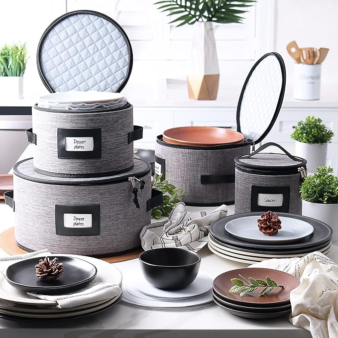 Fine China Storage Containers Hard Shell, 4 Piece Dish Storage Containers, Quilted Plate Containers, Stackable Dish Organizer with Dividers, Dinnerware Storage for Moving and Seasonal Storage, Grey-NeatNest