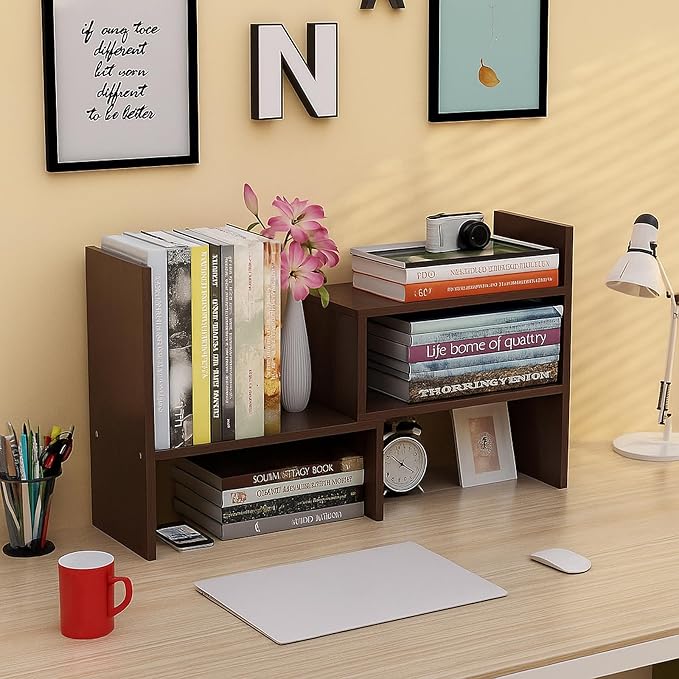 Desktop Shelf Organizer, Adjustable Wood Office Storage Rack, Counter Display Small Bookshelf for Home/Office/School(Dark Walnut)-NeatNest
