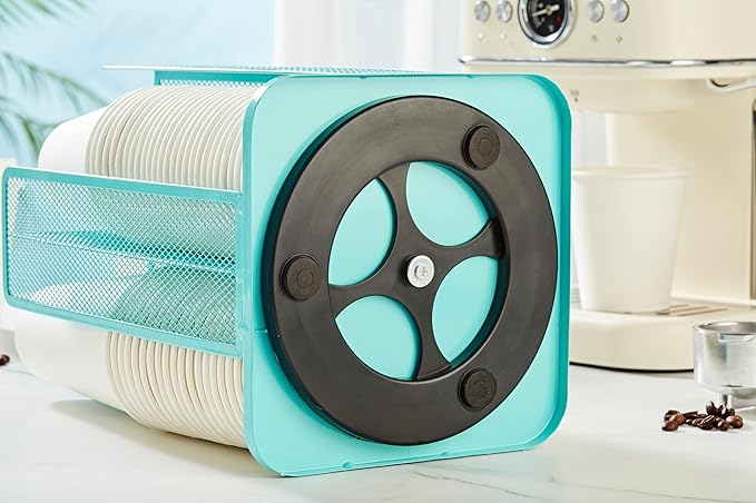 Annova Paper Cup and Lid Holder Plastic Cup Storage Organizer, 360°Rotating Coffee Cup Dispenser with 4 Compartments, Multifunctional Cup Storage Rack for Home, Office, Bar, Coffee Shop (Turquoise)-NeatNest