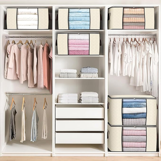 Budding Joy 90 L Large Storage Bags, 10 Pack Clothes Storage Bins Foldable Closet Organizers Storage Containers with Reinforced Handle for Clothing, Blanket, Comforters, Bed Sheets, Pillows (Beige)-NeatNest