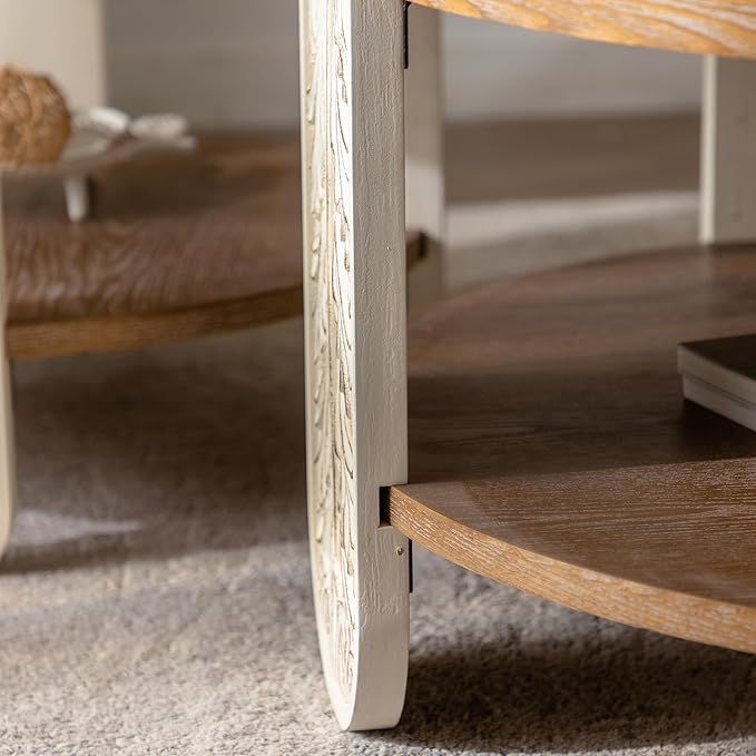 kevinplus 31.89'' Round Wood Coffee Table 2-Tier Circle Craft Rustic Coffee Table for Living Room, Modern Retro Farmhouse Carved Style, Easy Assembly, Natural Wood