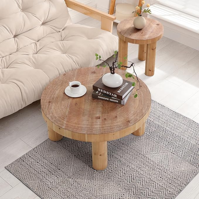 RUSTOWN 2-Piece Round Farmhouse Coffee Table, Rustic Coffee Table Sets, Circle Wooden Ring Finish with Solid Wood Legs, Center Tables Set for Living Room (Natural)