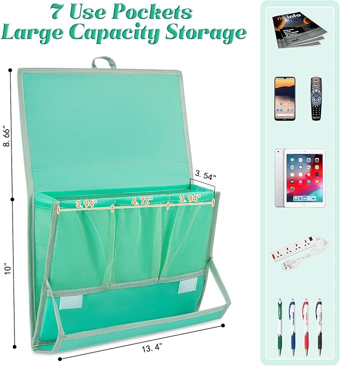 Bedside Caddy Bedside Storage Organizer Bedside Organizer with Power Strip Holder and 2 Adjustable Straps for Home Bunk Bed College Dorm Sofa (Green)-NeatNest