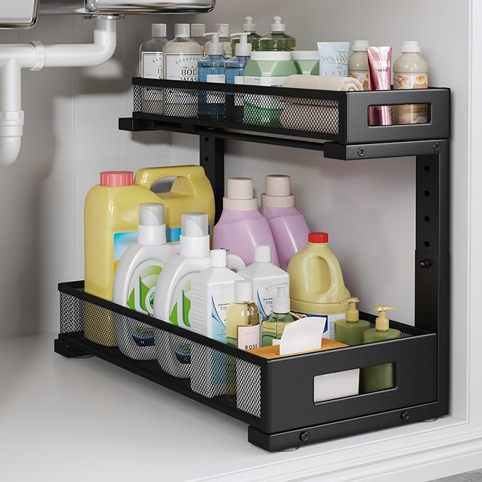 1 Pack 17IN Depth Under Sink Storage Organizer, Large 2-Tier Elegant Mesh Pull Out Shelf for Kitchen and Bathroom Cabinet Organization, L-Shaped and Adjustable Height Design-Black-NeatNest