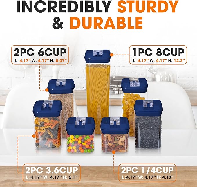 Cheer Collection Airtight Food Storage Containers, Kitchen Storage Containers for Pantry, Set of 7 Food Containers with Lids Airtight, Pantry Storage Containers & Organizers with Lids, Navy Blue