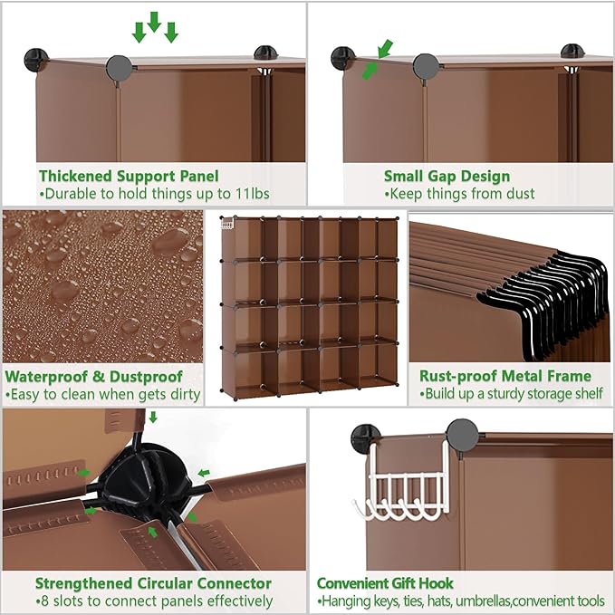 C&AHOME 16-Cube Storage Organizer, Plastic Shelves Units, DIY Closet Organizer, Modular Shelves Ideal for Home, Bedroom, 48.4" L 12.4" W 48.4" H Brown UPCS16C