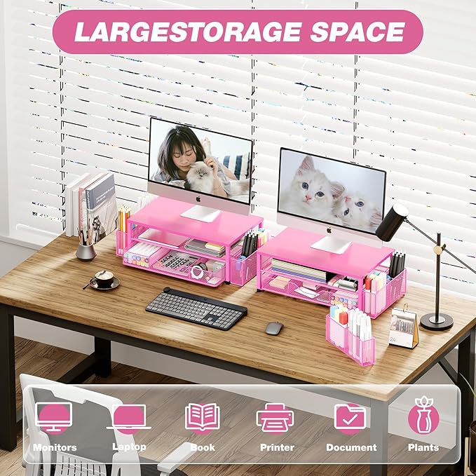 Desk Organizers and Accessories, 2-Tier Computer Monitor Stand Riser with Drawer and 2 Pen Holders, Laptop Stand, Office Desk Accessories for Office Supplies, Carmine Rose