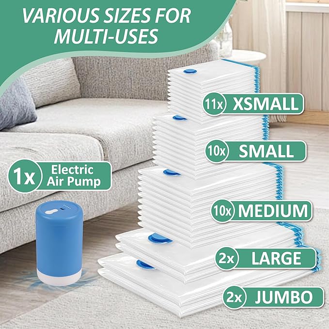 Cozy Essential 35 Pack Vacuum Storage Bags with Electric Pump, Vacuum Seal Space Saver Bags for Clothing, Pillows, Blanket, Bedding, Comforters-NeatNest