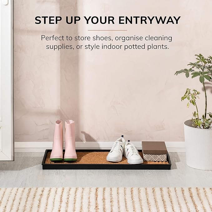 Anji Mountain Heavy Duty Waterproof Rubber Shoe Storage Mat Organizer/Boot Storage Tray Multi Use for Entryway with Coir, Tan Insert, Fits 3 Pair (34.5" Wide)