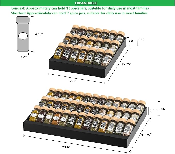 Expandable Metal Spice Drawer Organizer,3-Tier Slanted Seasoning Jars Tray for Kitchen Cabinet Drawers Insert/Countertop (Jars not included)-3Tier,1pack/Black-NeatNest