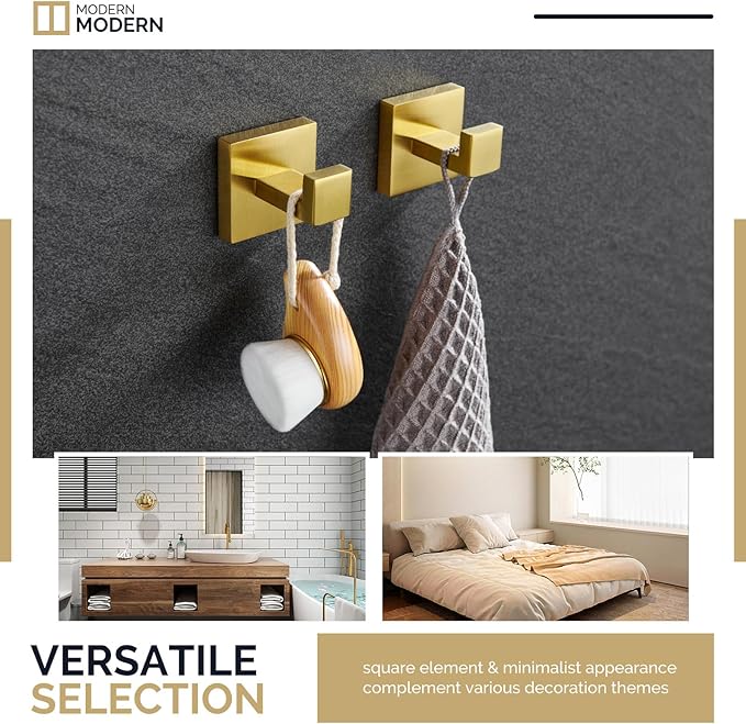 Angle Simple Towel Hook Brushed Gold 2 Pack, 304 Stainless Steel Square Robe Hook for Bathroom