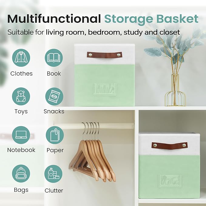 6-Pack Collapsible Fabric Storage Cubes with Handles & Label Holders, Closet Cube Home Organizer Bins (White/Sage Green, 10.5*10.5*11 inch)