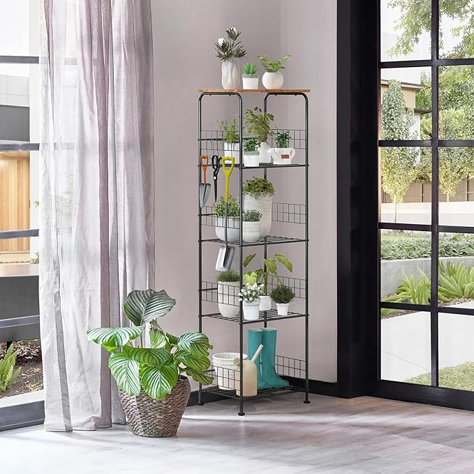 Storage Shelves with Wheels 5 Tier Metal Wire Storage Rack with Wooden Top, Versatile Utility Organizer with Side Hooks Free Standing Rolling Cart for Bathroom, Living Room, Kitchen, Laundry, Brown
