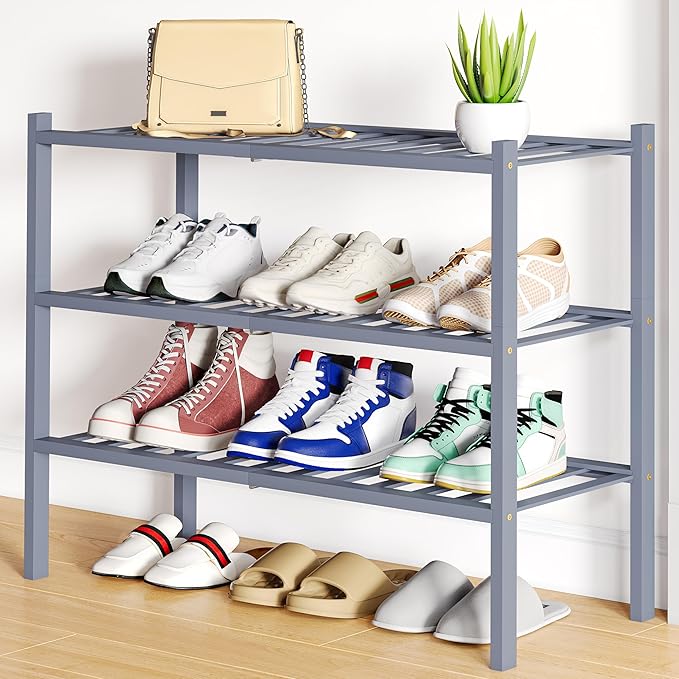 Smiry Shoe Rack, 3 Tier Bamboo Shoe Organizer, Stackable Free Standing Wooden Shoe Storage Shelf for Closet, Entryway, Front Door Entrance, Grey-NeatNest