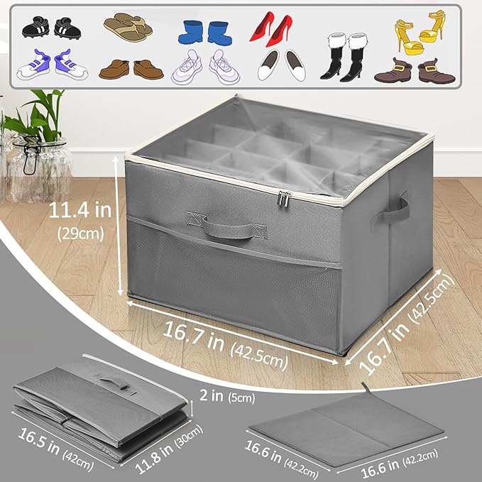 Fabric Shoe Organizer Storage Box for Closet, Fits 16 Pairs Large Shoe Storage Containers Sneaker High Heel Storage Box Bins Space Saving Shoe Storage Organizer Basket with w/Adjustable Dividers, Grey-NeatNest