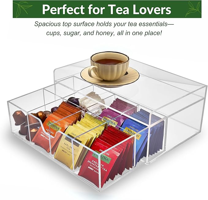 Acrylic Tea Station Organizer for Countertop - Tea Bag Organizer Drawer, Clear Lucite K Cup and Coffee Pod Storage box with 8 Compartments, Tea Caddy Creamer Holder Display Stand-NeatNest