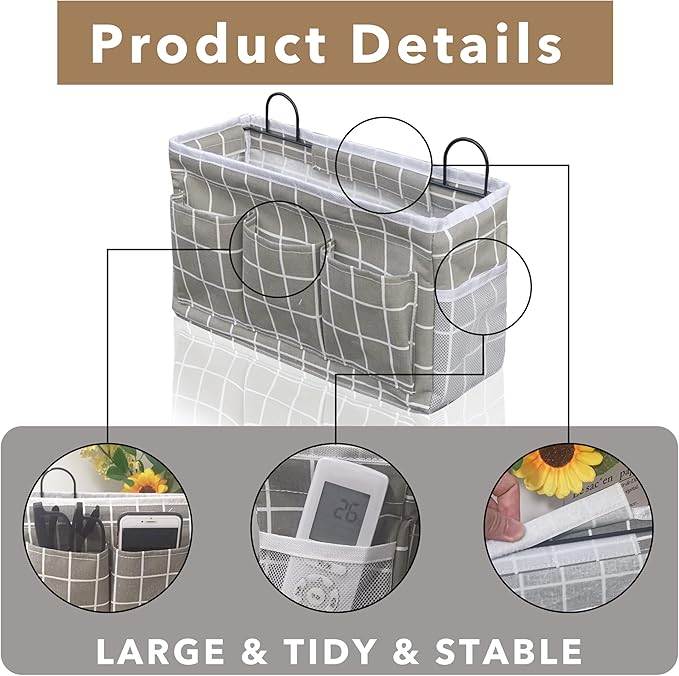 2pcs Light-Style Wall Hanging Storage Bag, Linen Fabric Door Hanging Organizer Baskets with Pockets, Waterproof Bin for Bedroom, Kitchen, Office, RV Camper (GreyGrid-2pcs)-NeatNest