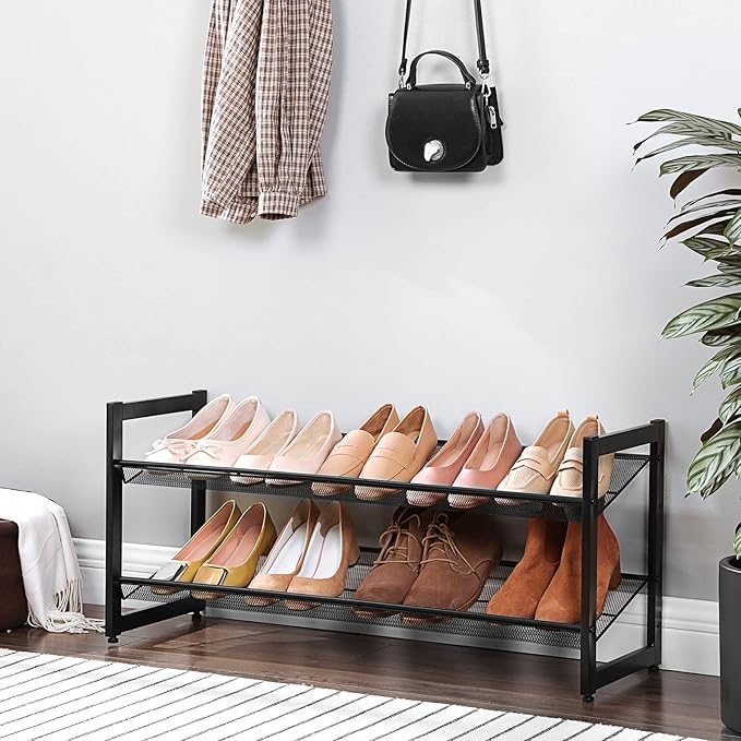 SONGMICS Shoe Rack, 2-Tier Shoe Organizer, Metal Shoe Storage for Garage, Stackable Shoe Shelf, with Adjustable Flat or Angled Shelves, 8-10 Pairs, Ink Black ULMR002B01-NeatNest