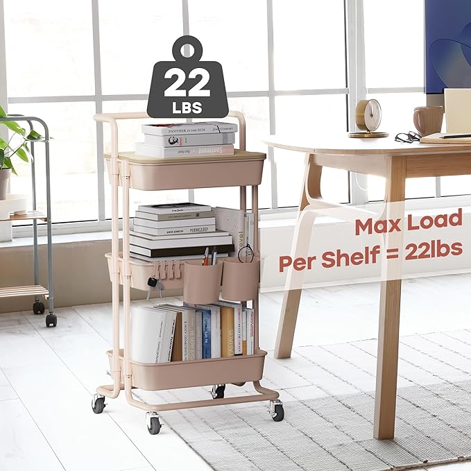 DTK 3 Tier Rolling Utility Cart with Cover Top Board, Movable Kitchen Storage Cart Trolley with Lockable Wheels, Cups, Hooks for Kitchen Bathroom Home Office Art Craft Storage and Organization(Pink)-NeatNest