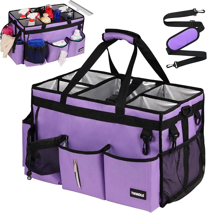 Extra-Large Cleaning Caddy Bag With Detachable Divider,Cleaning Caddy For Cleaning Supplies,19.69" X 11.42" X 11.42" Cleaning Supply Caddy With Adjustable Shoulder Strap & Waist Belt For Cleaners