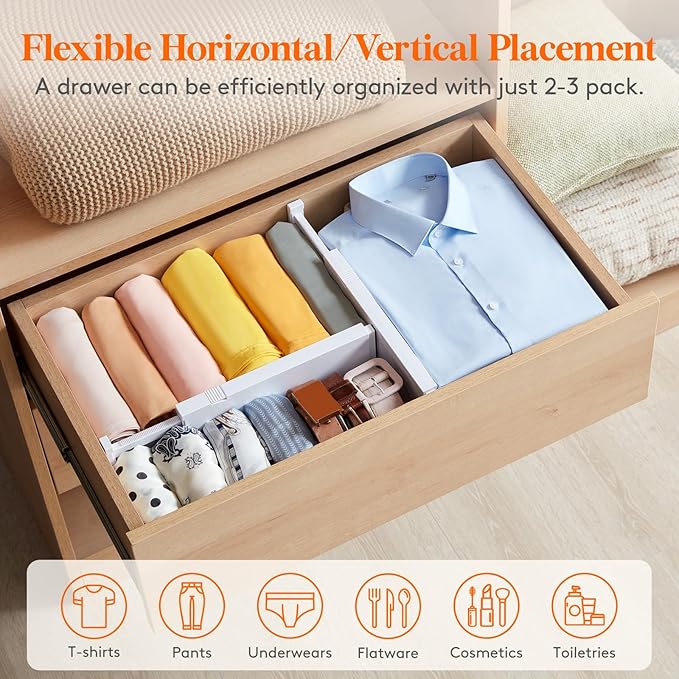 Lifewit 10 Pack Drawer Dividers 4" High,11-17" Adjustable Dresser Drawer Organizers for Clothes, Expandable Dresser Separators in Bedroom/Bathroom/Kitchen/Vanity/Office Organization and Storage, White-NeatNest