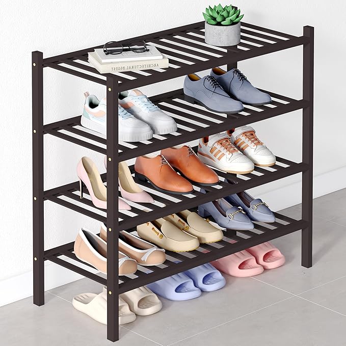 Smiry Bamboo Shoe Rack for Closet, 4 Tier Wooden Stackable Shoe Organizer, Free Standing Shoes Storage Shelf for Entryway, Front Door Entrance, Brown-NeatNest