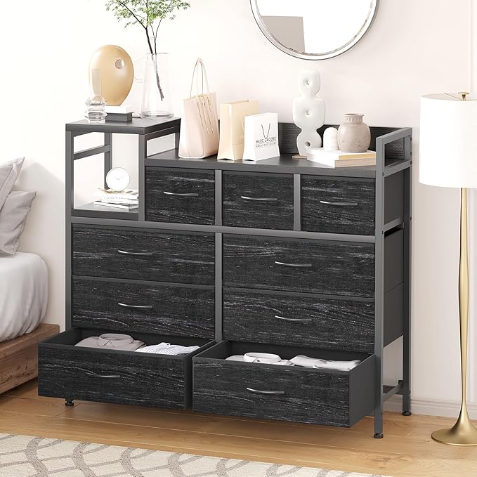 Jojoka TV Stand with Charging Station, Bedroom Dresser for Living Room TV Stand with 9 Drawers,(Black Willow)