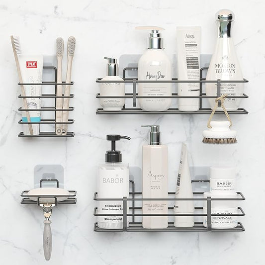 Dekula Adhesive Shower Caddy 4 Pack, Shower Shelves Organizer for Bathroom Storage, Rustproof Stainless Steel Bath Organizers, Kitchen, Adhesive or Screw, Soap Dish, Hooks, Wall Shelf-NeatNest