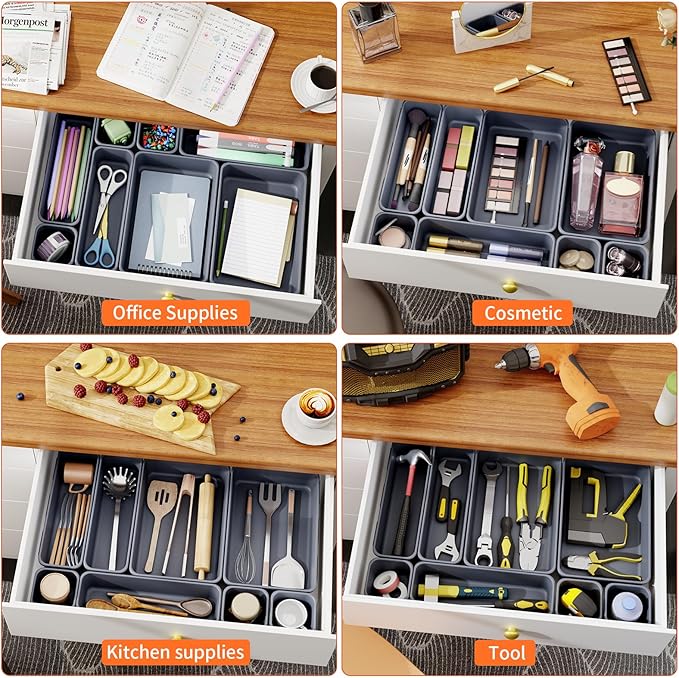 45 Pack Desk Drawer Organizer Tray, 3 Sizes Plastic Drawers Organizer Storage for Kitchen, Bathroom, Office, Vanity, Makeup, Utensils, Junk Drawer Organizer Bins, Gadget Trays for Organizing, Grey-NeatNest