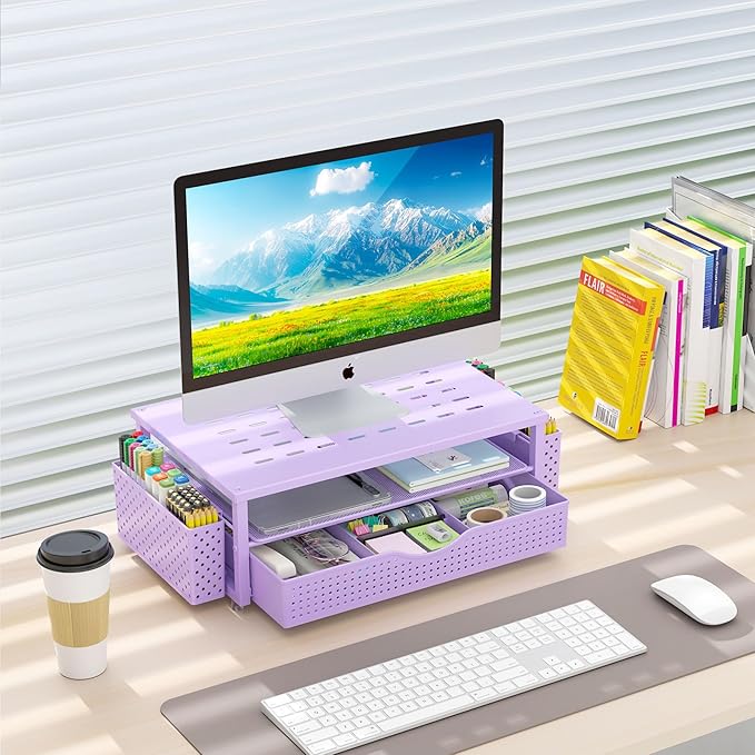 gianotter Desk Organizers and Accessories, Monitor Stand with Drawer and 2 Pen Holder, Purple Desk Accessories, Computer Stand Suitable for Offices and Dormitories (Purple)-NeatNest