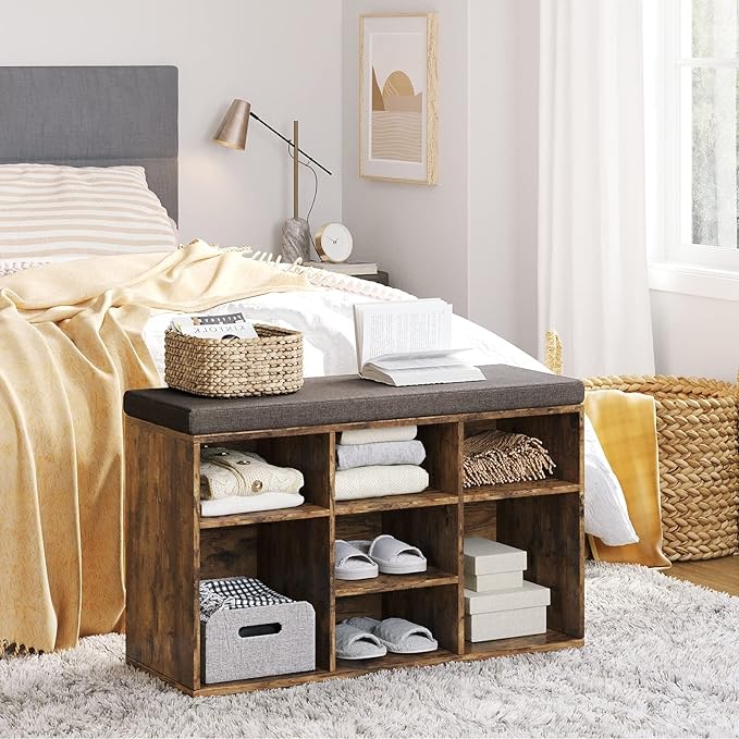 DINZI LVJ Shoe Storage Bench with Cushion, Cubby Rack with 9 Cubbies, Adjustable Shelves, Multifunctional Organizer Bench for Entryway, Mudroom, Hallway, Closet and Garage, Rustic Brown-NeatNest