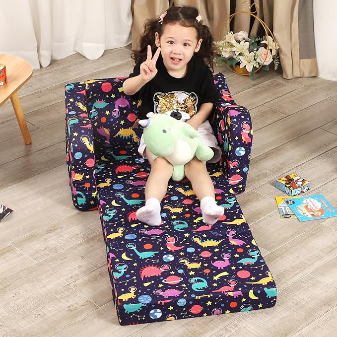 Dinosaur Kids Sofa, 2-in-1 Kids Couch Fold Out, Convertible Sofa to Bed for Girls and Boys-NeatNest