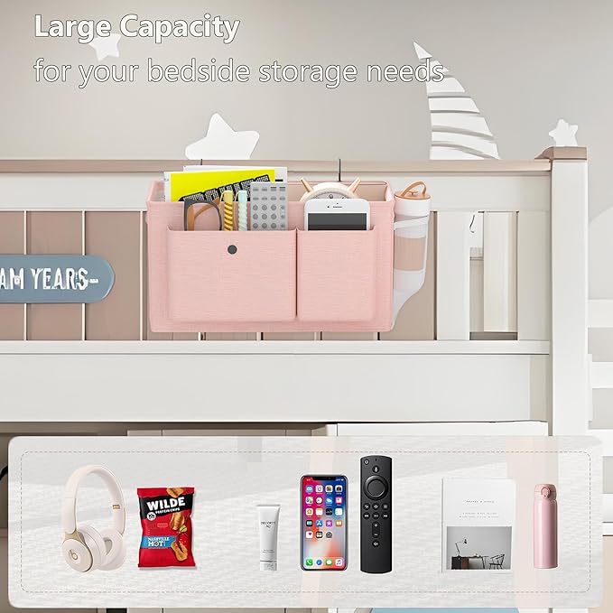 Bedside Caddy Bedside Organizer with Fixed Straps & Water Bottle Holder, Bunk Bed Caddy ideal for Home, Dorm, Hospital, Crib, Versatile Bedside Storage Solution (Pink 2pcs)-NeatNest